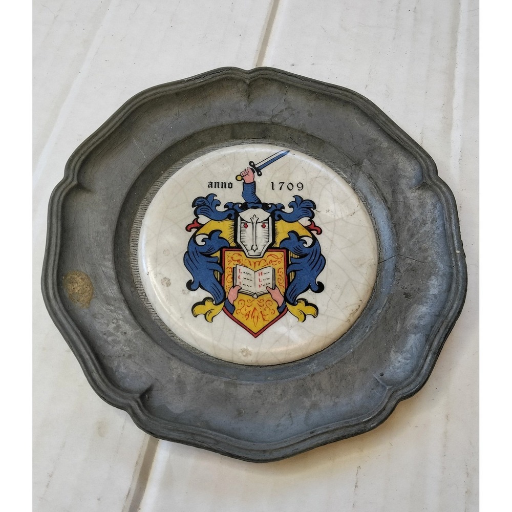 Vintage German Pewter Coat of Arms Wall Plate Anno Heraldic Crest Scalloped Rim